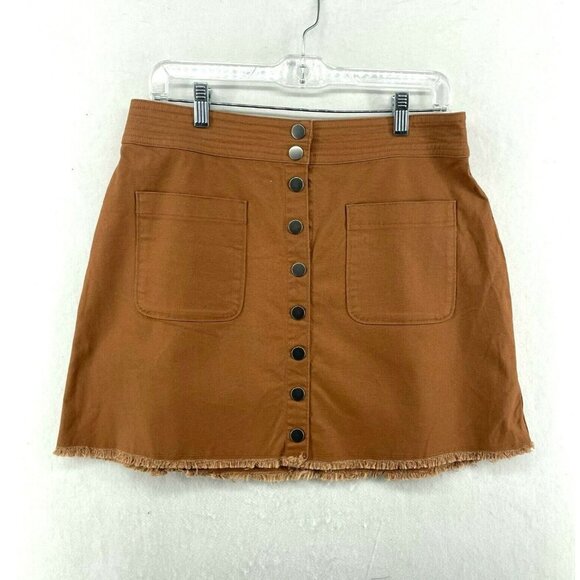 Madewell Dresses & Skirts - Madewell A-Line Mini Skirt Women's 10 Brown Snap Front Pockets Raw Hem Stretch